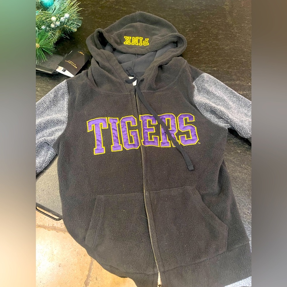 LSU “TIGERS” zip up fleece jacket by PINK Victoria Secret.